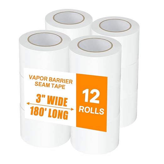 Vapor Barrier Tape, High-Adhesion Waterproof Seam Tape, Insulation Tape 3" Wide x 180' Long, PE Seal Tape 9 mm, for Crawlspaces Barriers Seal and Seam Insulation Repairs & Plastic Liners,12 Roll