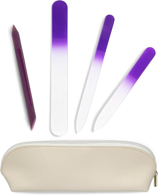 Alban Czech Glass Nail File Set with Manicure Stick & Vegan Leather Cosmetic Case (Purple Nail Files, Plum Manicure Stick & Cream Cosmetic Case)