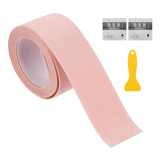 uxcell Caulk Tape Waterproof, 0.83 Inch x 3.28 ft Self-Adhesive Sealant Sealing Strip Caulking Sealant Tape PVC with Tool for Kitchen Sink Toilet Bathroom Bathtub Floor, Pink