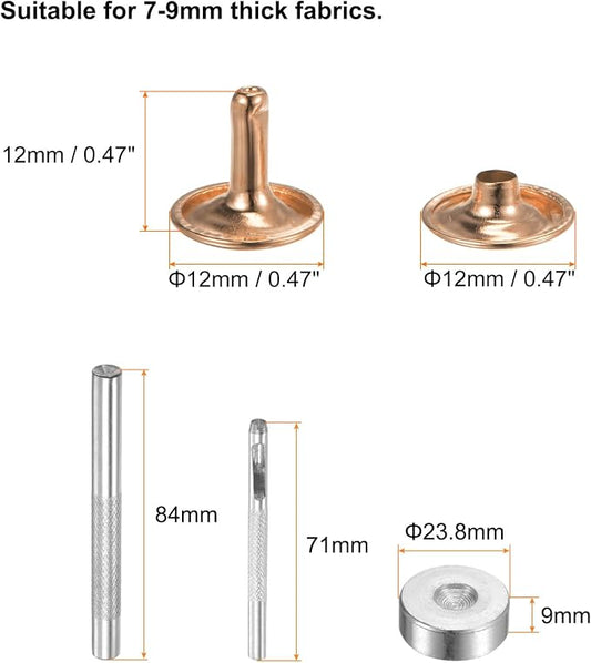 HARFINGTON 100 Sets Leather Rivets 12 x 12mm Metal Double Cap Rivet Snaps Studs Fasteners with 3pcs Setting Tools for Leather Craft DIY Repair Decoration, Light Gold Tone