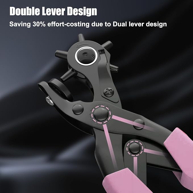 Leather Hole Punch Set, Diyife Revolving Punch Plier Kit, Multi Sized for Belt, Watch Band, Shoes, Crafting, Saddles, Handbag Straps, Fabric or DIY, Pink