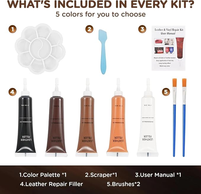 Kenbry Brown Leather Repair Kit for Furniture,Vinyl Leather Car Seat Repair Kit for Car Interior,Couch,Sofa,Jacket,Restores Scratch, Tears, Burn Hole for Bonded, Pleather