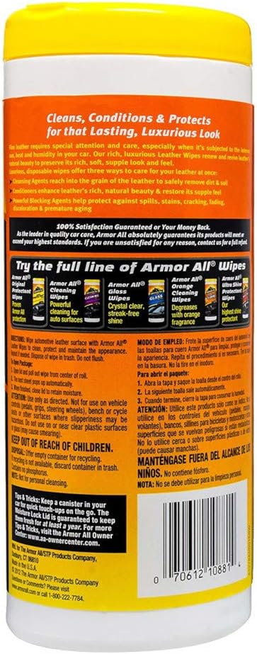 Armor All Interior Cleaner Wipes | For Leather | 20 Count | Pack of 2 | For Vehicles