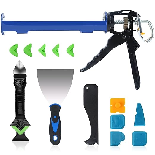 Caulk Gun Kit, Smooth Silicone Caulking Gun and Caulk Remover Tool, Sealant Finishing Tool Grout Scraper for Kitchen Bathroom Window Sink Joint, All in One with Gift Box