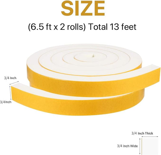 Air Conditioner Foam-2 Rolls, 3/4 Inch W X 3/4 Inch T Total 13 Feet L, Open Cell Foam Insulation Weather Seal Adhesive Foam Headband for Face Shield(6.5ft x 2 Rolls)