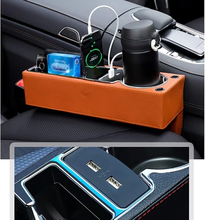 PU Leather Car Seat Gap Filler,Universal Car Seat Organizer Multifunctional Car Cup Holder Gap Filler Storage Box Console Side Pocket Car Organizer for Phones Sunglasses,USB Style,Black