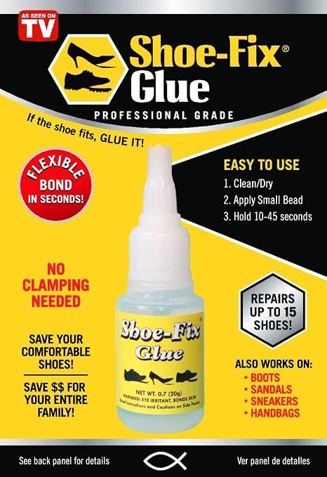 Shoe-Fix Glue Professional Grade Repair Adhesive for All Footwear Instant Bond, Clear Drying, Flexible, & Durable for Heels, Sandals, Boots, Shoes, & More (20g Tube)