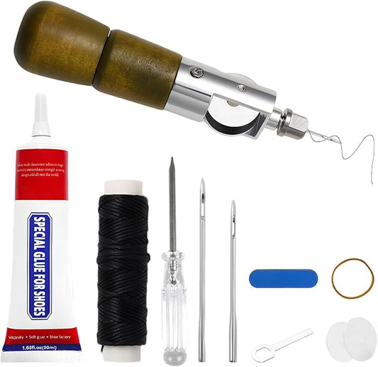 AACGIN 10pcs Sewing Awl Kit with Shoe Repair Adhesive, Professional Leathercraft Sewing Tool with Waxed Thread for Shoes, Leather Bags & Thick Fabric DIY