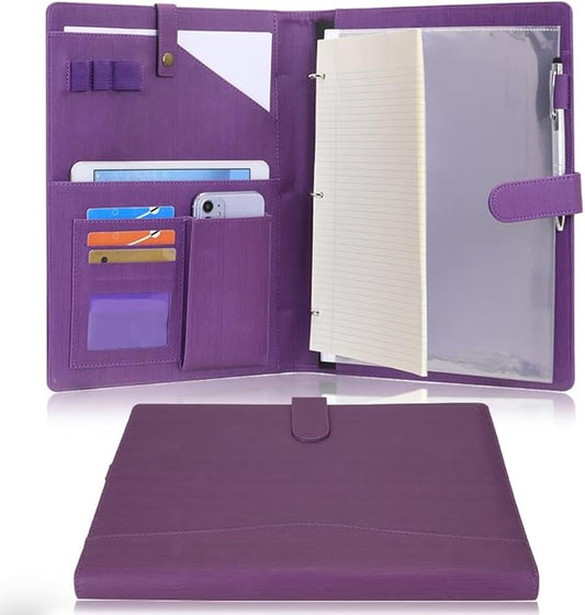 Wonderpool A4 PU Leather Portfolio Holder Ring File Document Case with Removable Binder Clipboard, Multi Pocket and Legal Pad for Business Organizer Interview and Meeting (Purple)