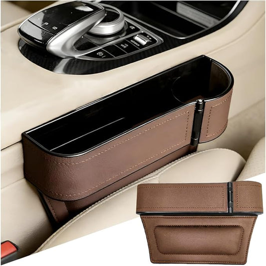Car Seat Gap Filler Organizer with Cup Holder Expander, Leather Console Seam Filler Storage Box, Auto Front Seat Gap Organizer for Phones Keys Glasses, Universal Fit (Brown Passenger)