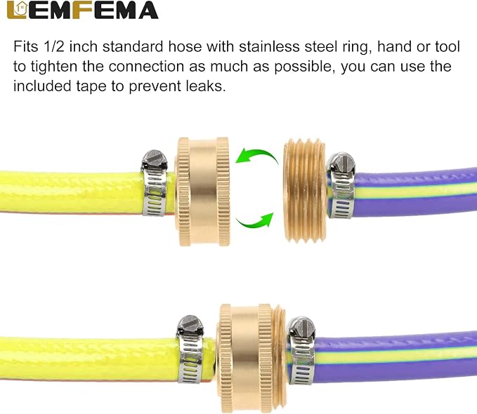 4 Sets 1/2 Inch Solid Brass Garden Hose Connector Repair Kit,Water Hose Mender Female Male Hose Coupling with Stainless Steel Clamp, Tape and Rubber Gasket