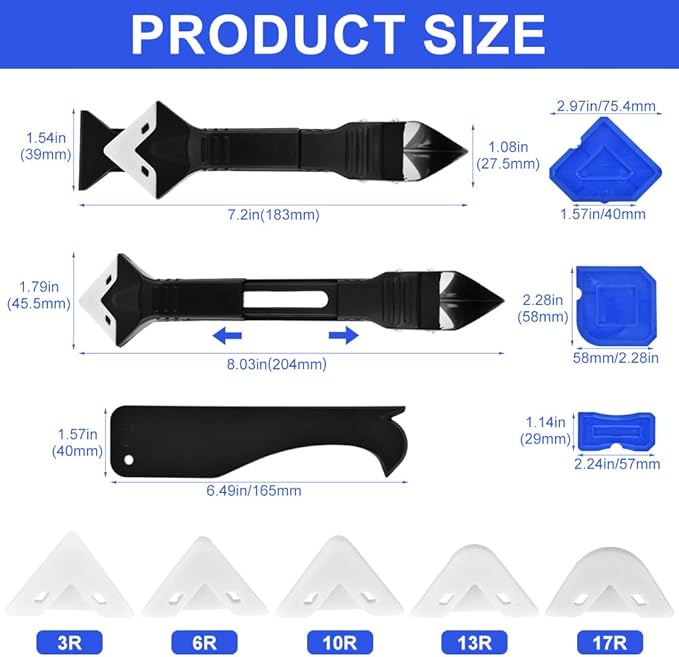 Silicone Caulking Tool, 3 in 1 Caulking Remover Glazing Compound Finishing Tool with 5 Replacement Silicone Scraper Pads, Grout Scraper Kit for Bathroom Kitchen Floor Window Sink Joint