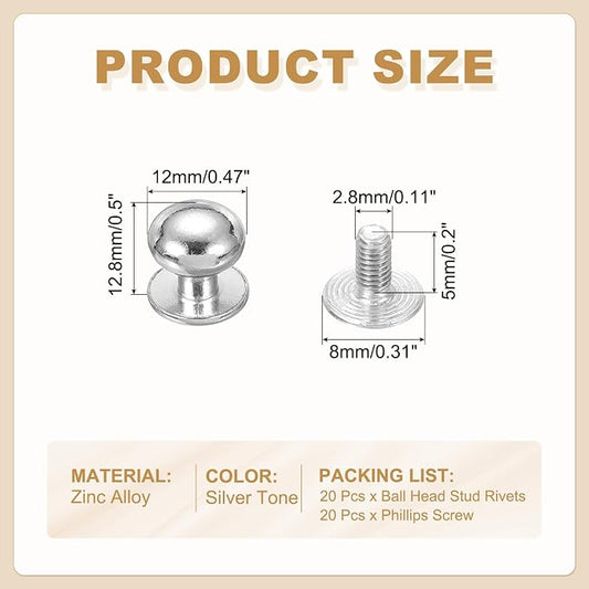 PATIKIL 12 mm Leather Rivets, 20 Sets Ball Head Stud Screw Back Round Head Button Chicago Screw Nipple Stud Rivet for Leather DIY Craft Handbag Belt Repairs, Silver Tone