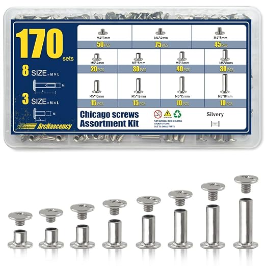 170 Sets Silvery Chicago Screws Leather Rivets Kit, 8 Sizes (M5*4,5,6,8,10,12,15,18) & 3 Screw Lengths (M4*3,4,5) for Belts, Bookbinding, DIY Leather (Silvery)