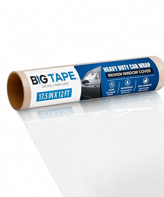 Big Tape Crash Wrap for Car Windows – 12ft XL Temporary Broken Glass Cover Film, 17.5” Wide Waterproof Automotive Plastic Wrap – Highway Safe Emergency Car Window Repair Tape, No Residue