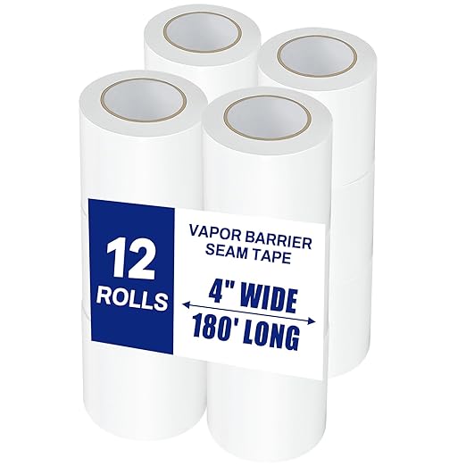 Bghdas 12 Roll, White Vapor Barrier Tape, 4" Wide x 180' Long, PE 9 mm Polyethylene Tape, for Stucco Waterproof Moisture Barriers Seal and Seam, for Crawlspaces, Insulation Repairs & Plastic Liners