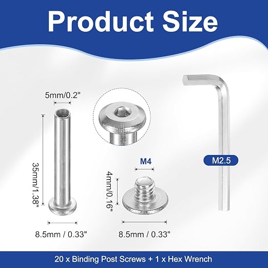 PATIKIL M4x4mm Hex Chicago Screws 5x35mm, 20Pcs 304 Stainless Steel Metric Hex Drive Socket Cap Binding Post Screw Posts for Scrapbook Leather Belt Album Furniture Repair, Silver