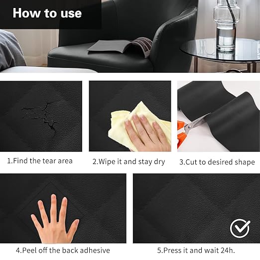 Cahomo Self-Adhesive Leather Repair Patches Tape for Couches - 8x11 inch, Vinyl & Leather Repair Kit for Furniture, Car Seats, Handbags, Jackets - Black