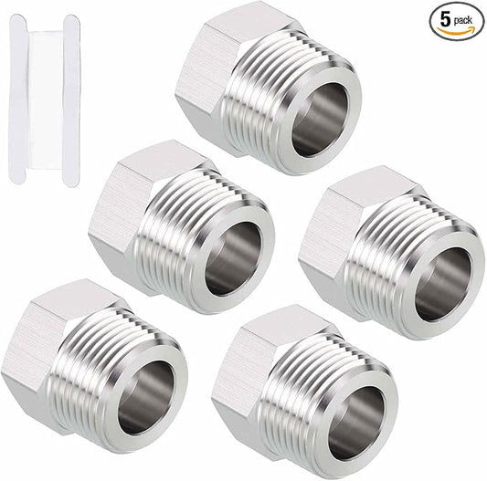 Pack of 5, 3/4" Male NPT to 1/2" FeMale NPT Solid 304 Stainless Steel Hex Bushing with Sealing Tape, Hose Fittings Adapter Reducer for Bathroom Remodel, Tool Extensions