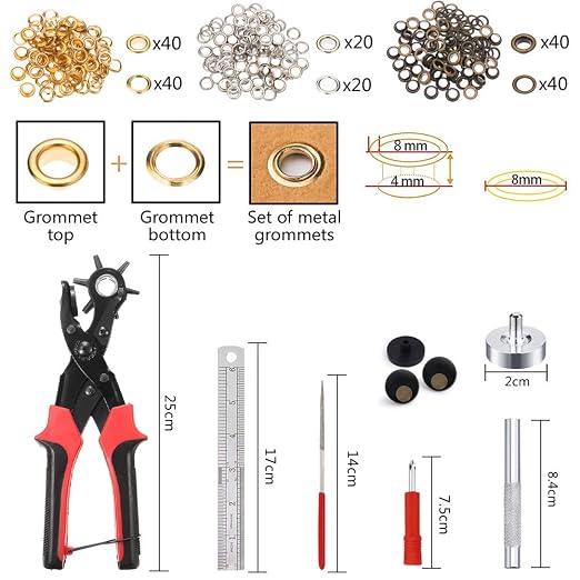 Leather Hole Punch Tool for Belt - Multi Hole Sizes Puncher for Belts, Watch Bands, Straps, Dog Collars, Saddles, Shoes, Fabric, DIY Home or Craft Projects - with 5/32" Grommet Eyelet Kit 100 Sets