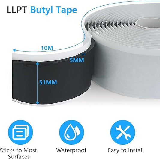 LLPT Butyl Tape Black 2 Inch x 33 Feet 5mm Thickness Water Tight Seal for Leak Proof EPDM RV Repair Window Glass Boat Sealing Roof Pipe Patching(BST5110)