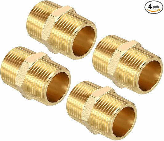 Pack of 4, 3/4" MNPT To 3/4" MNPT Solid Brass Hex Nipple Hose Connectors W/Sealing Tapes, Male Pipe Adapter for Pipe Leak Repair, Bathroom Remodeling, Tool Extension, Compression