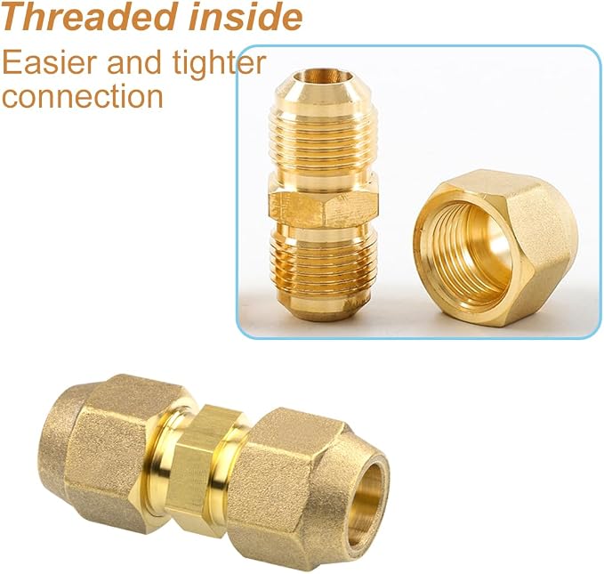 2 Pieces AC Copper Pipe Extension Joint Connectors 1/4" Brass Flare Fitting Nuts Butt Copper Tube Fitting with Flare Nut