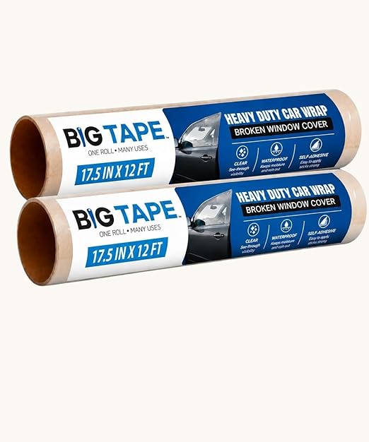 Big Tape Crash Wrap Window Tape – 2 Pack XL 12ft Rolls, 17.5” Wide Temporary Car Window Repair Film for Broken Glass – Waterproof Emergency Window Cover Plastic Film, No Residue, Easy DIY Install