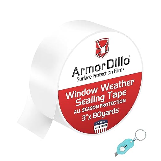ArmorDillo Transparent Window Weather Sealing Tape, w Free Utility Knife, 3 inch X 240FT (80 YDS) - Clear Weather Stripping Tape, Draft Isolation & Insulation, No Residue, for Windows, Doors, AC & RV