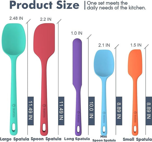 ChefAide 5 Pieces Silicone Spatula Set, Food Grade Rubber Spatula, Upgrade Strong Handle with Ergonomic Grip, Heat Resistant Up to 600°F for Nonstick Cookware, Cooking