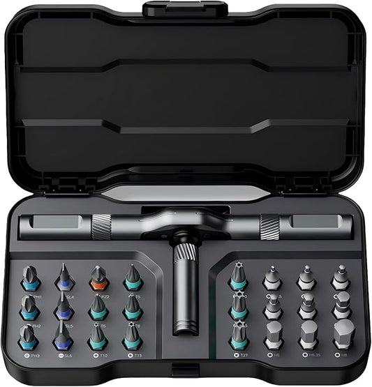 ATuMan 24 in 1 magnetic ratchet screwdriver set, Mini Bit Driver Kit with Reversible T-Handle, 40-Tooth Magnetic Multi-Bit Tool for Tight Spaces, Furniture Assembly, Bike Repair & EDC, with Case
