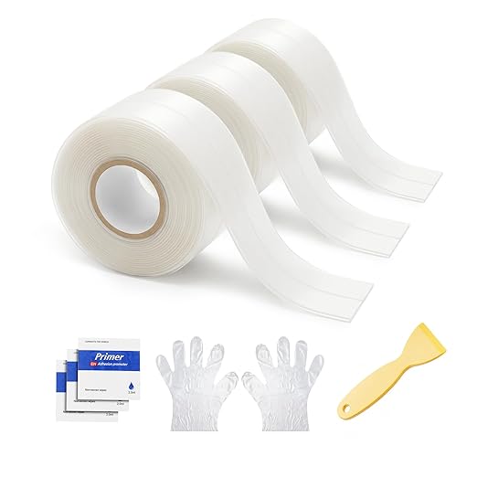 Clear Caulk Tape Waterproof Self Adhesive, Peel and Stick Transparent Caulking Strip for Bathtub Kitchen Sink and Shower Edge, Flexible PVC Seal Tape for Bathroom and Toilet (3 Rolls)