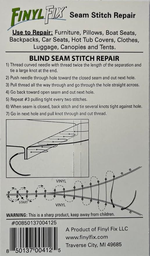 Finyl Fix Seam Stitch Repair Kit | Restore Seam Damage on Vinyl, Fabric, Leather, Heavy Canvas on Car/Boat Seats, Furniture, Clothes | Vinyl Repair Kit, Sewing Kit with Black & White Thread