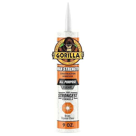Gorilla Max Strength Construction Adhesive, Clear Glue, 9 Ounce Cartridge (Pack of 1) - Gap Filling and Waterproof