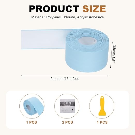 uxcell Caulk Tape Waterproof, 1.5 Inch x 16.4 ft Self-Adhesive Sealant Sealing Strip Caulking Sealant Tape PVC with Tool for Kitchen Sink Toilet Bathroom Bathtub Floor, Blue