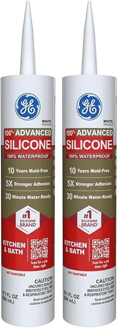 GE Advanced Silicone Caulk for Kitchen & Bathroom, White, 10 fl oz Cartridge, 2 Pack - 100% Waterproof Silicone Sealant, 5X Stronger Adhesion, Shrink & Crack Proof