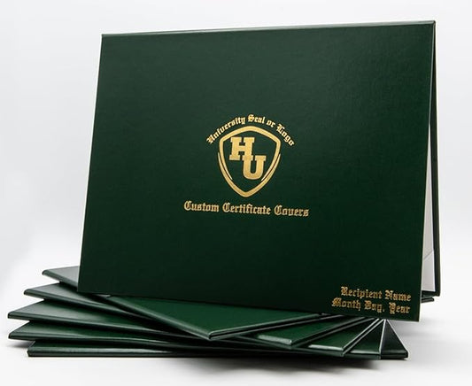Green Faux Leather Document Cover 8.5x11 Letter Size | Tent-Style, Non-Padded with Metallic Foil Custom Printing | Professional Presentation for Awards, Diplomas and Certificates