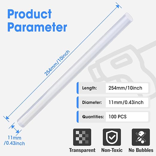 YesBes 100 Pack Full Size Clear Hot Glue Sticks, 10" Long x 0.43" Diameter, EVA Polymer, Ideal for Wood, Metal, Glass, Plastic, Fabric, Leather, Foam, and More