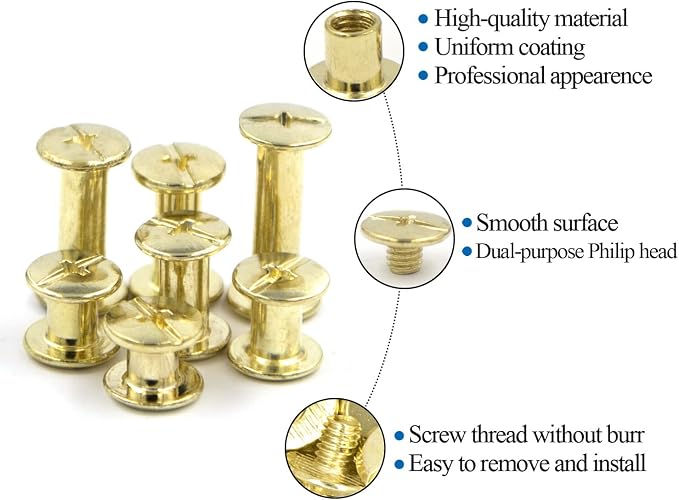 90 Sets M5 Gold Chicago Screws Leather Assorted Kit ，6 Sizes of Screw Rivets for Leather Rivet for DIY Leather Craft and Bookbinding (M5 X 4, 5, 6, 8, 10, 12)