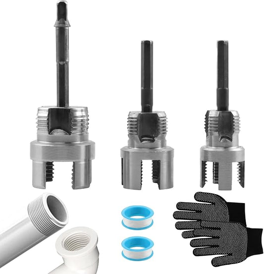 PVC Pipe Threading Tool Kit, 10Pcs Dual Internal & External Pipe Threader Set for 1/2", 3/4" & 1" Plastic Pipes, Carbon Steel Drill-Powered Tapping Tool for Plumbing, Irrigation & Home Repair