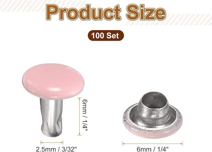 HARFINGTON 100 Sets Double Cap Leather Rivets, 6x6mm Round Cap Tubular Metal Studs Leather Crafting Rivets for Fabric Belt Pet Collar Boot Bag Repair and Decoration, Pink