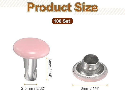 HARFINGTON 100 Sets Double Cap Leather Rivets, 6x6mm Round Cap Tubular Metal Studs Leather Crafting Rivets for Fabric Belt Pet Collar Boot Bag Repair and Decoration, Pink