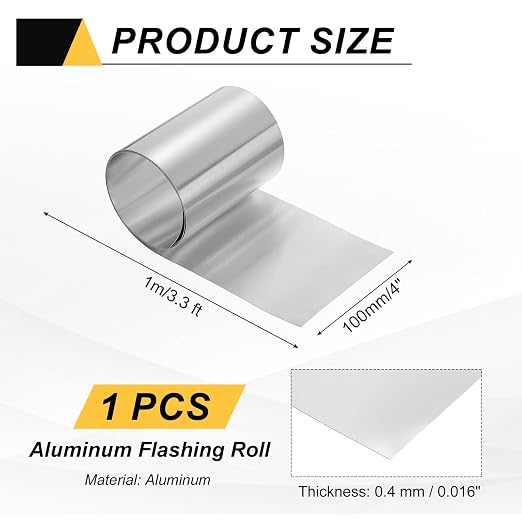 uxcell Aluminum Flashing Roll, 4in x 3.3ft Metal Roof Panels 0.4mm Waterproof Aluminum Sheet Roll for House Repair, Roof Flashing, Sealing Windows Doors, DIY Projects