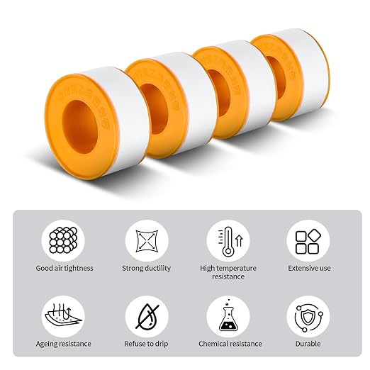 Teflon Tape-4pack Plumber Tape for Pipe Joints - Leak-Proof Pipe Sealant Tape with High Temperature Resistance, Durable for Shower, Faucet, Hose, Sink Drain, Triangle Valve (4)