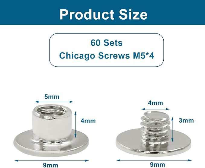 60 Sets Silver Chicago Screws, M5*4mm Leather Rivets Screw Rivets Buttons DIY Leather Trim Craft Bookbinding for Decorate Repair Belt Bag Shoes Purse