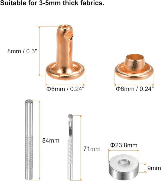 HARFINGTON 100 Sets Leather Rivets 8 x 6mm Metal Double Cap Rivet Snaps Studs Fasteners with 3pcs Setting Tools Rivets for Leather Craft DIY Repair Decoration, Light Gold Tone