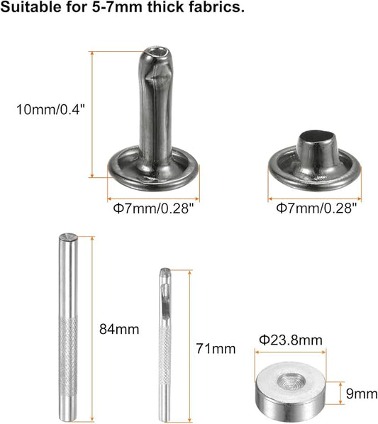 HARFINGTON 100 Sets Leather Rivets 10 x 7mm Metal with 3 Setter Tools Gunmetal