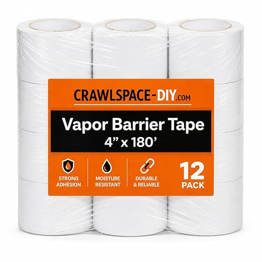Crawlspace-DIY Vapor Barrier Tape, 12 Mil Easy-to-Use Polyethylene Moisture Vapor Barrier Seam Tape for Crawl Space, Repairs, Underlayment, Waterproof, 4" x 180', 12 Rolls