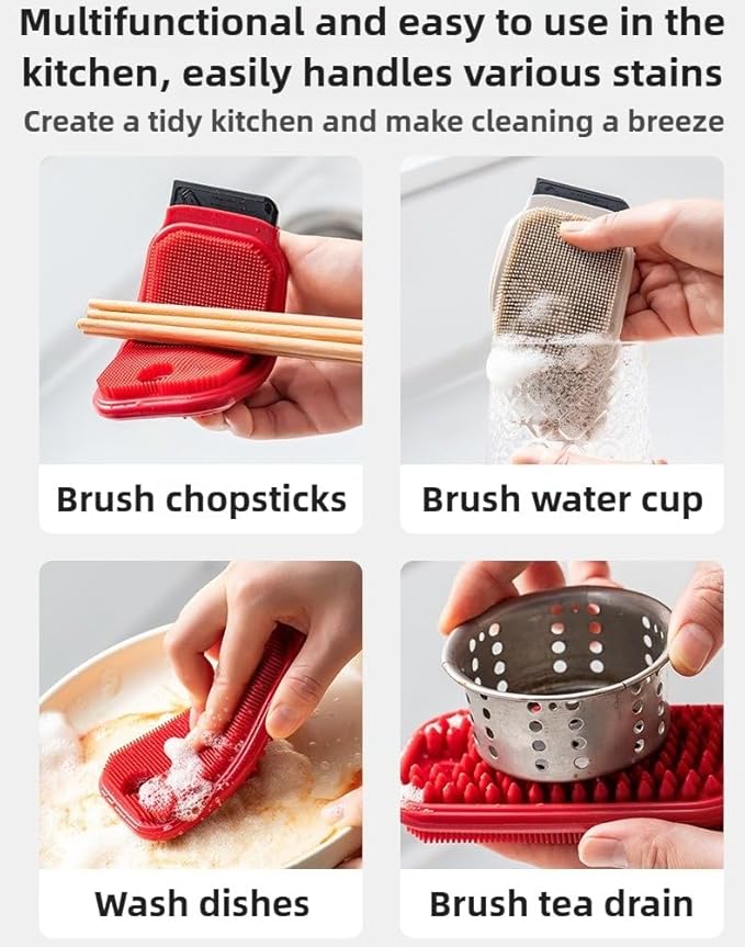 3-in-1 Silicone Dish Sponge-Food-Grade BPA-Free Cleaning Brush with Dual-Sided Comb&Scraper,Hanging Hole for Easy Storage,Fast-Dry Reusable Kitchen Gadget for Dishes/Fruits/Vegetables (Grey 2PCS)