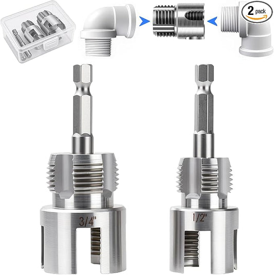 Valkynos 2PCS Internal & External Pipe Threading Tool, 1/2'' 3/4'' PVC Pipe Threader Kit with Storage Case, Heavy-Duty Alloy Steel, Electric Drill Compatible for Plumbing and Home Repair